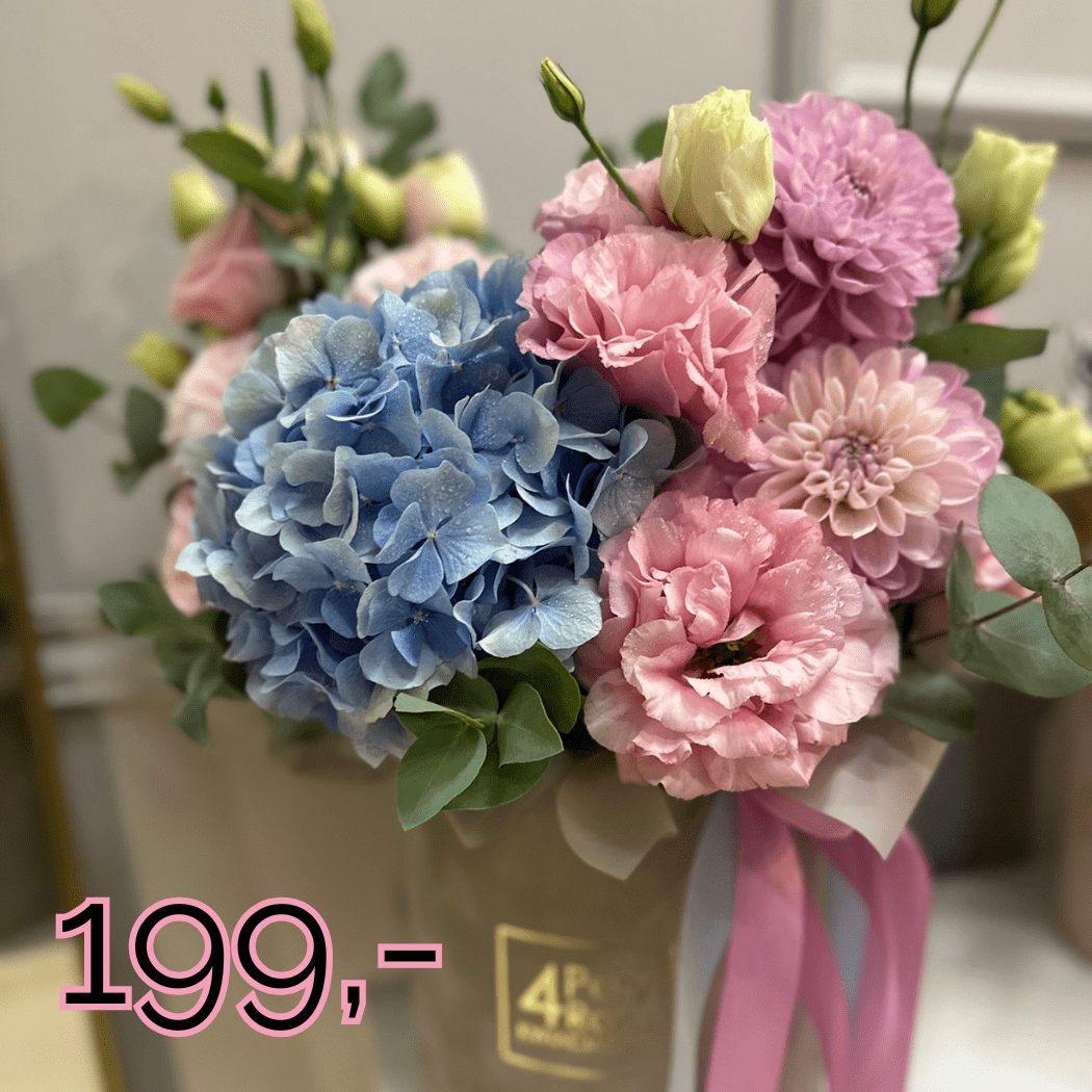 flower box z hortensją, eustomą, goździkami