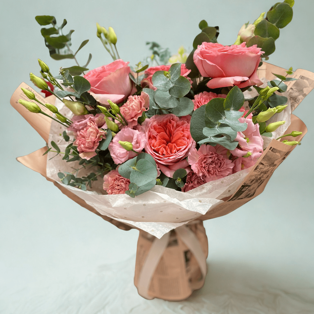 bukiet zimowy róża pink expression eustoma