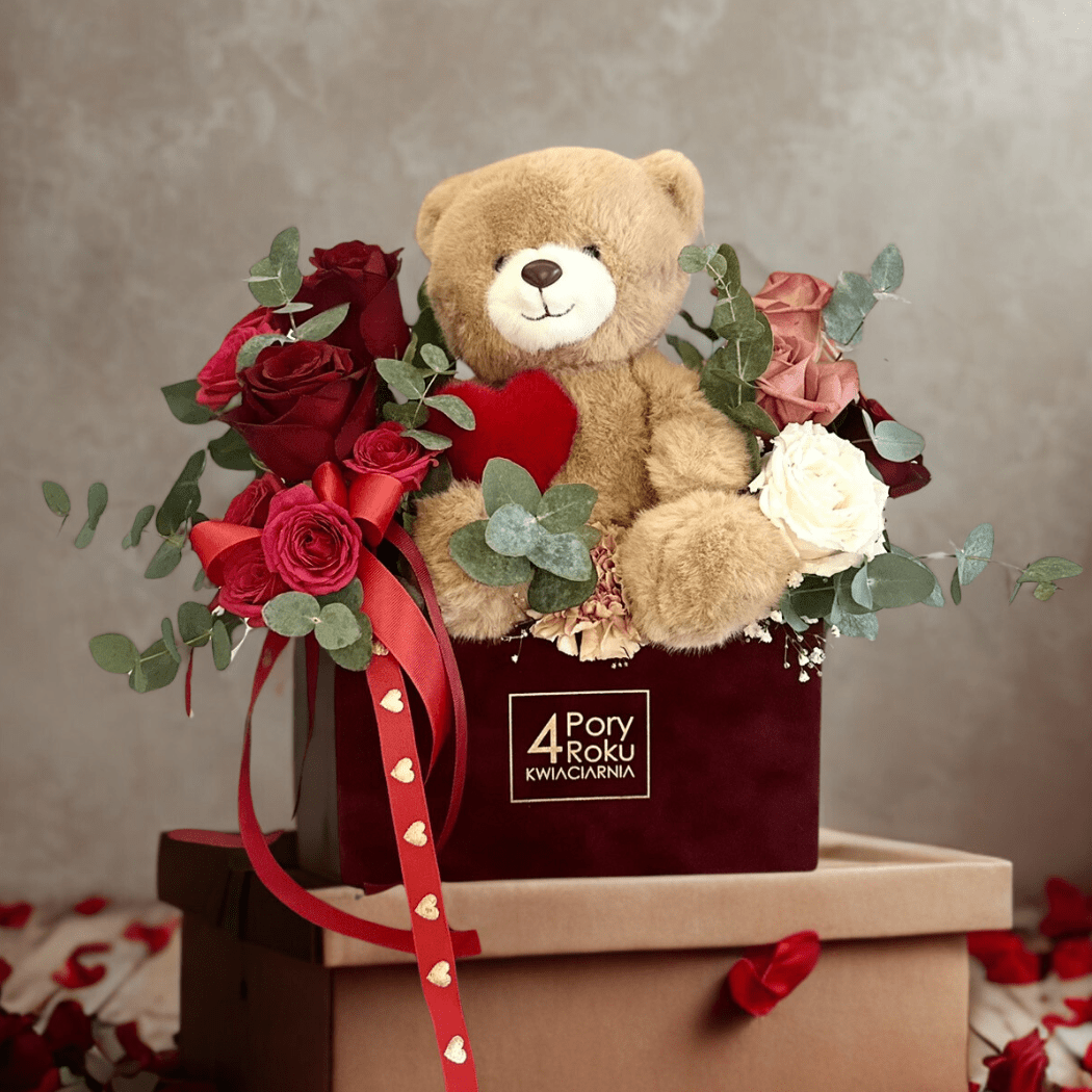 flower box z misiem na walentynki