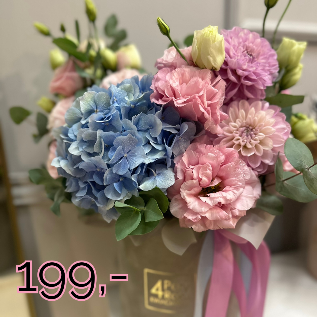 flower box z hortensją, eustomą, goździkami