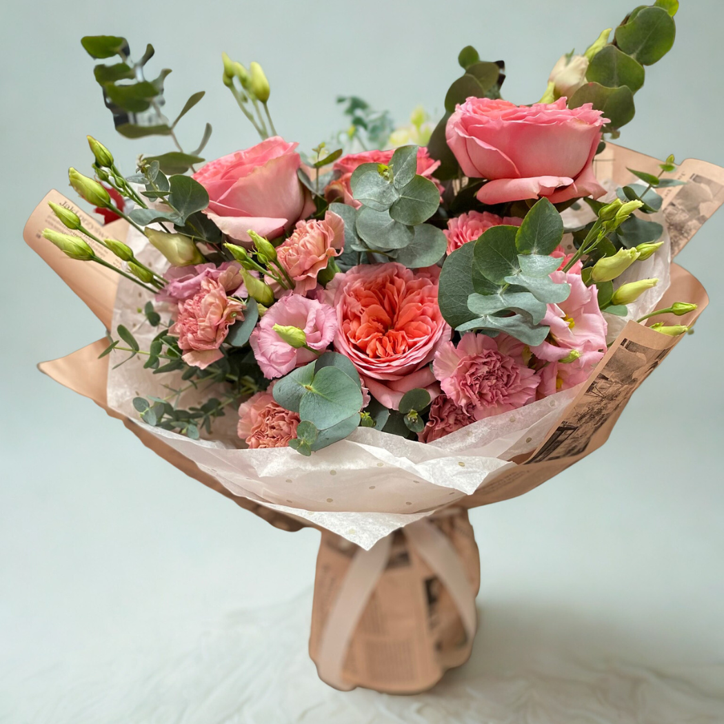 bukiet zimowy róża pink expression eustoma